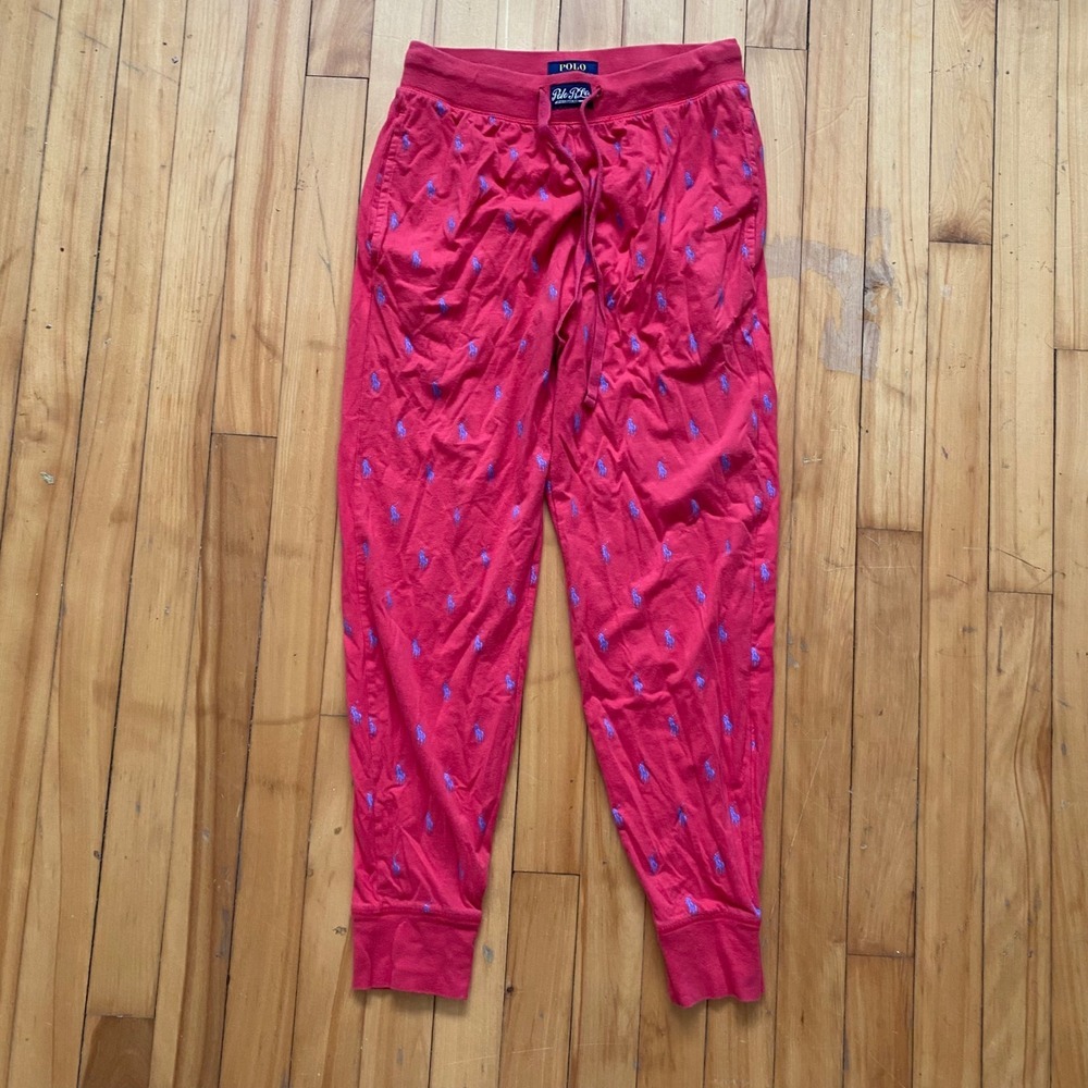 Polo Ralph Lauren Mens Red Blue Allover Pony Logo Jogger Pajama Pants Small